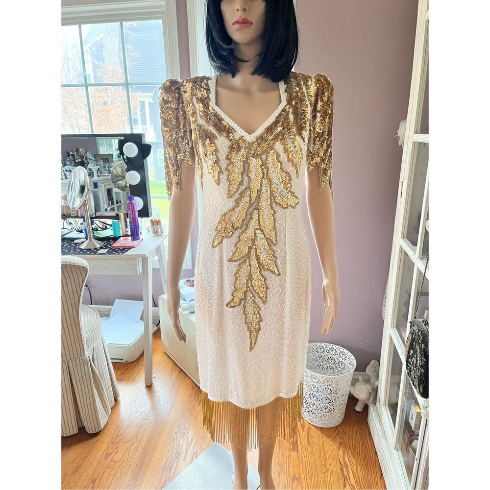 Vintage Lillie Ruben Exclusive White & Gold Heavily Beaded Dress sz 10 EUC